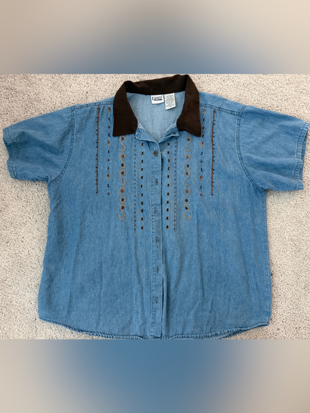 Womenās western Denim Polo with Dark Brown Collar
